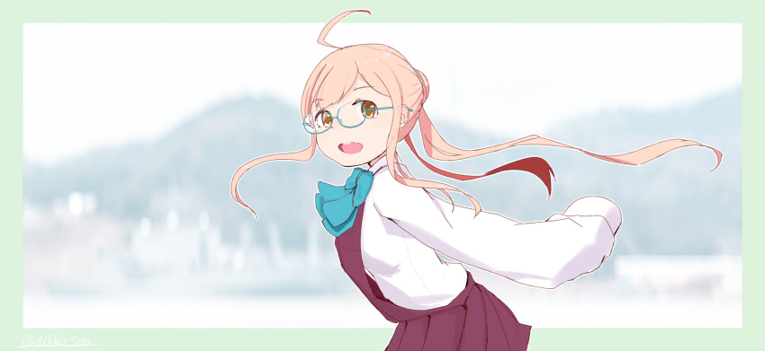 1girl aqua-framed_eyewear commentary_request double_bun glasses halterneck highres jikkou-san_(zikko_san) kantai_collection long_hair long_sleeves looking_at_viewer makigumo_(kantai_collection) mountain open_mouth outdoors pink_hair round_teeth school_uniform shirt sleeves_past_fingers sleeves_past_wrists solo teeth twintails upper_teeth white_shirt yellow_eyes