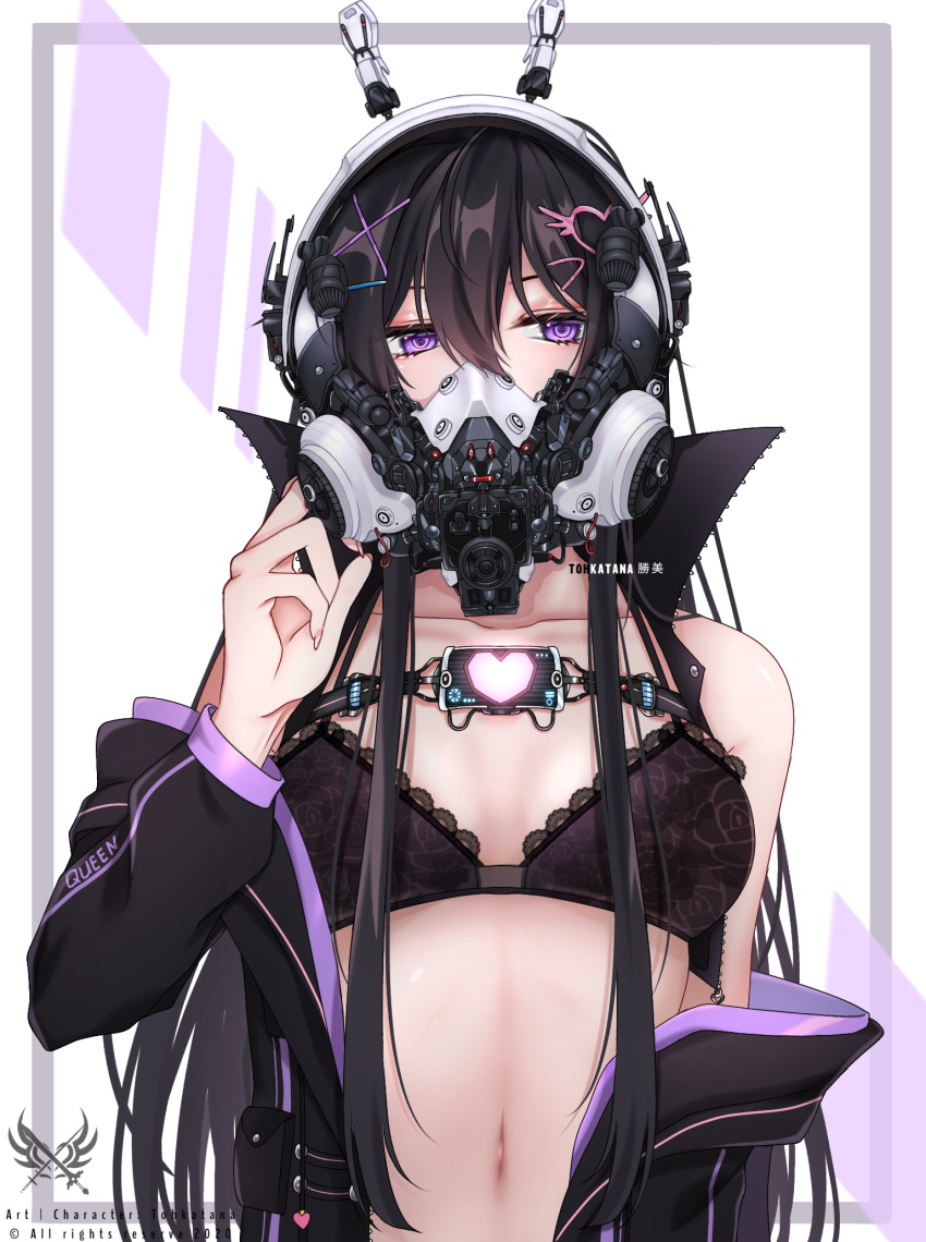 1girl bra brown_hair collarbone commentary_request cyberpunk fingernails gas_mask hair_ornament hairclip highres long_fingernails long_hair looking_to_the_side navel off-shoulder_jacket off_shoulder original solo tohkatana_katsumi underwear unzipped violet_eyes zipper