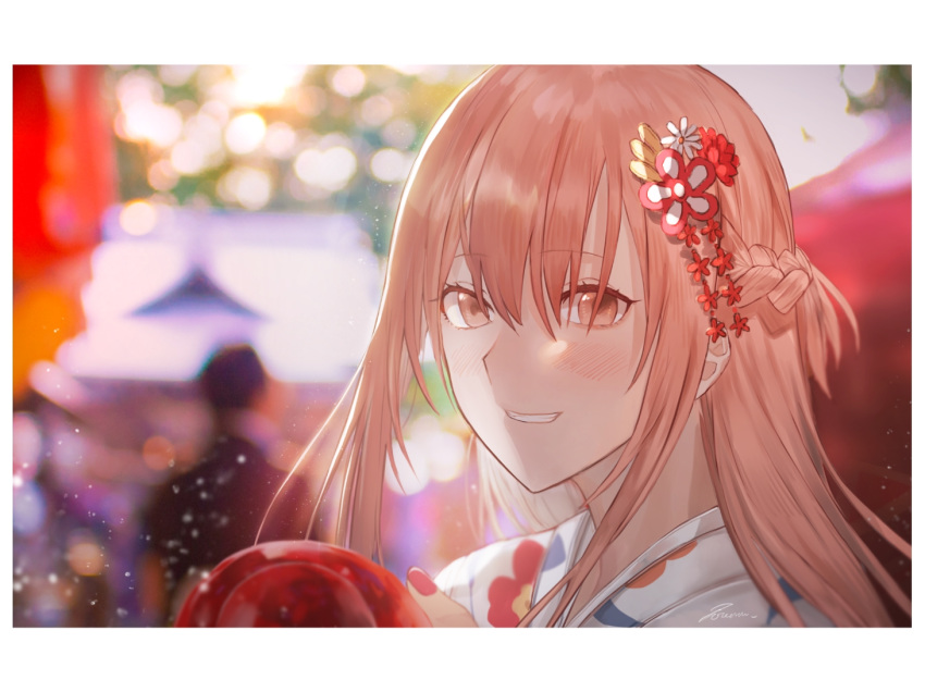 1girl asuna_(sao) bangs blurry blurry_background brown_eyes brown_hair daisy eyebrows_visible_through_hair festival floral_print flower grin hair_between_eyes hair_flower hair_ornament japanese_clothes kimono long_hair looking_at_viewer nail_polish print_kimono red_flower red_nails riko201008 smile solo_focus sword_art_online upper_body white_flower white_kimono yukata