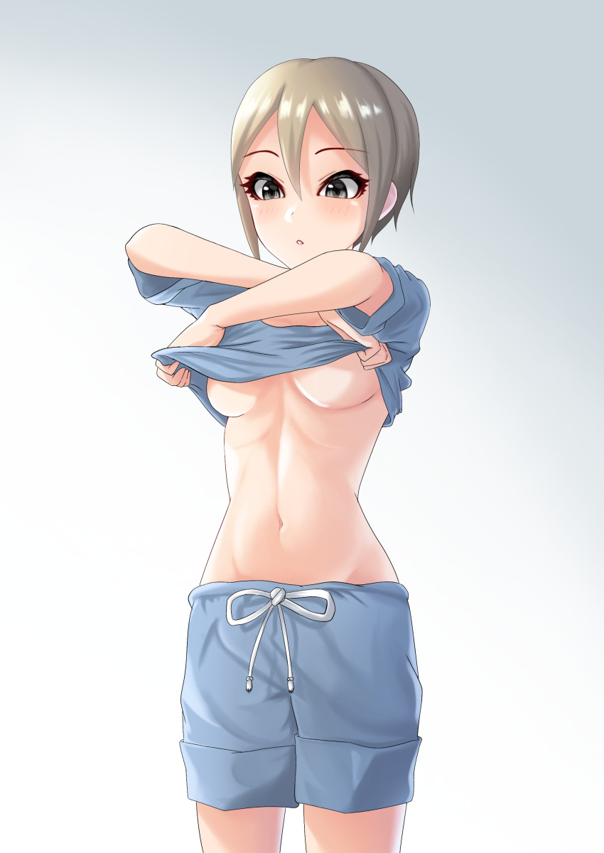 1girl :o absurdres arms_up bangs black_eyes blue_shirt blue_shorts blush breasts gradient gradient_background grey_hair hair_between_eyes highres idolmaster idolmaster_cinderella_girls medium_breasts navel open_mouth shiomi_shuuko shirt shirt_lift short_hair short_sleeves shorts solo t.r under_boob