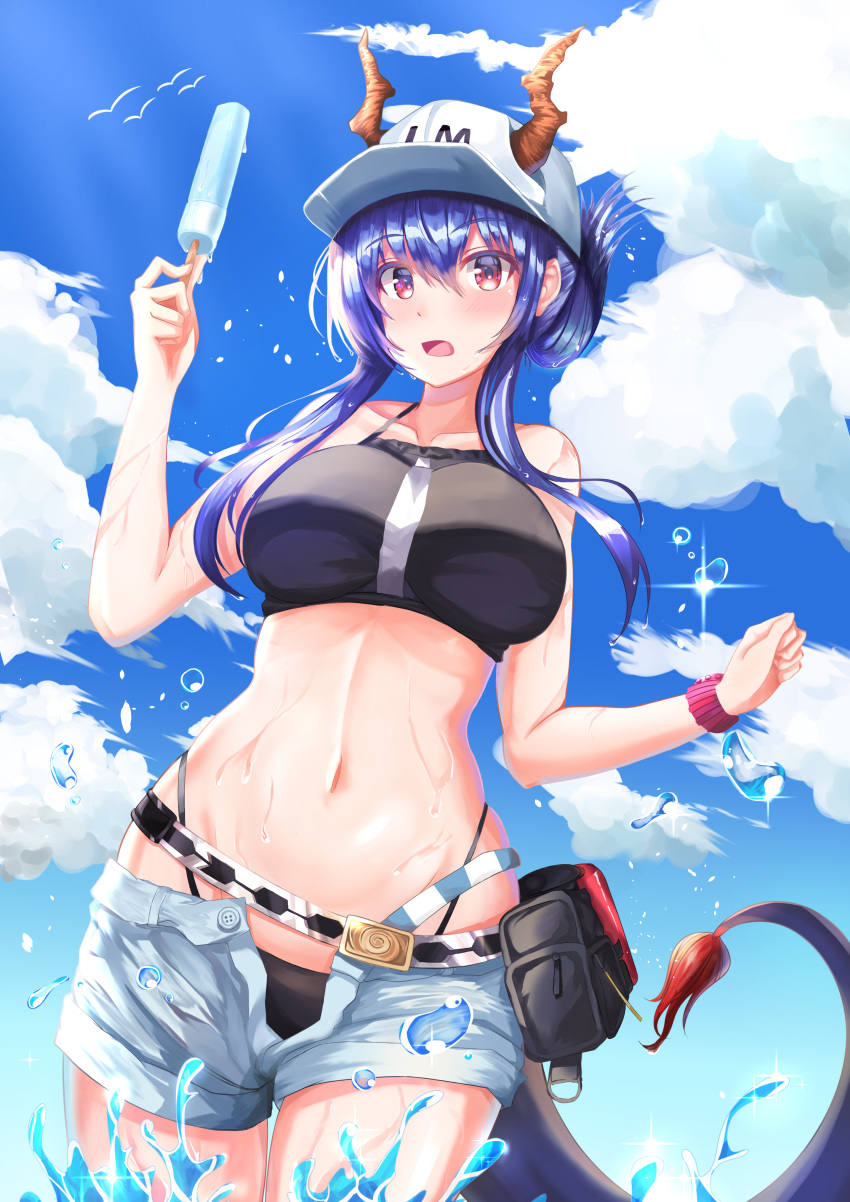 1girl absurdres arknights bangs bare_arms bare_shoulders baseball_cap belt bikini black_bikini blue_hair blue_sky blush breasts ch'en_(arknights) clouds commentary cowboy_shot day dragon_horns dragon_tail eyebrows_visible_through_hair food grey_shorts hair_between_eyes hand_up hat highleg highleg_bikini highres holding holding_food horns large_breasts long_hair looking_at_viewer navel open_fly open_mouth popsicle pouch short_shorts shorts sidelocks sirius_(gliese6016) sky solo sparkle standing stomach swimsuit tail violet_eyes water_drop white_headwear wristband