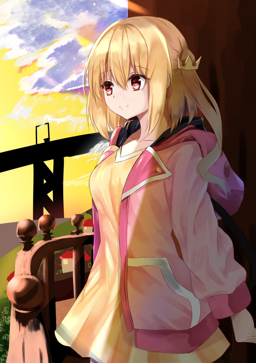 1girl absurdres alternate_costume arms_at_sides balcony blonde_hair breasts bridge clouds commentary_request contemporary cowboy_shot crown_hair_ornament dress eyebrows_visible_through_hair flandre_scarlet hair_between_eyes highres hood hood_down hooded_jacket jacket kaeremu long_sleeves looking_to_the_side medium_breasts one_side_up open_clothes open_jacket outdoors pink_jacket red_eyes shiny shiny_hair short_hair smile solo standing touhou twilight wings yellow_dress yellow_sky