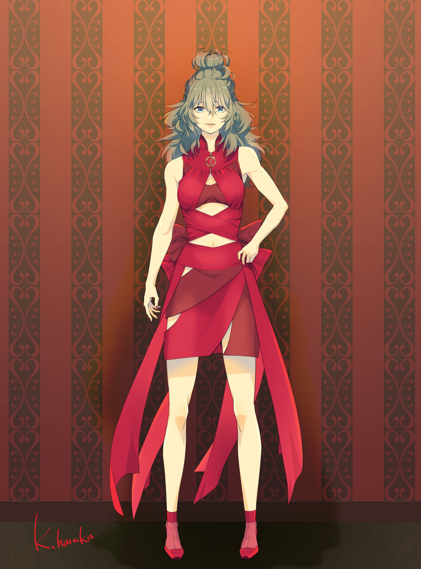 1girl absurdres alternate_costume alternate_hairstyle artist_name bare_arms bare_shoulders breasts commentary_request dress eto_(tokyo_ghoul) full_body green_eyes green_hair highres indoors kazamidori_haruka long_hair looking_at_viewer medium_breasts navel red_dress red_footwear revealing_clothes shoes smile solo standing tokyo_ghoul