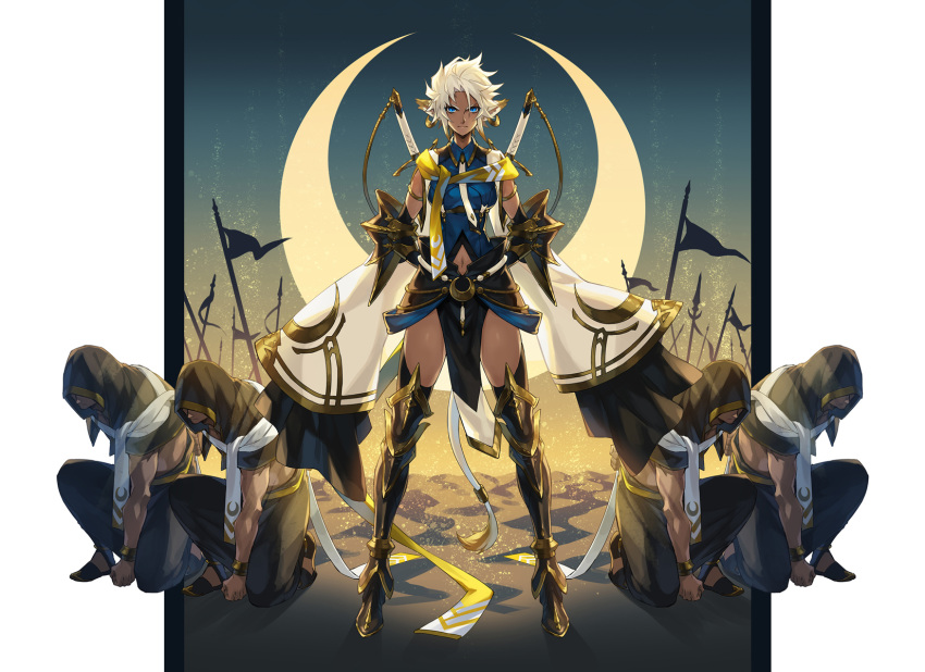 1girl 4boys animal_ears blue_eyes crescent dark_skin day detached_sleeves earrings flag highres hood jewelry looking_at_viewer midriff multiple_boys navel_cutout outdoors pixiv_fantasia pixiv_fantasia_age_of_starlight sheath sheathed sleeves_past_fingers sleeves_past_wrists standing sword weapon white_hair wide_sleeves zinnkousai3850