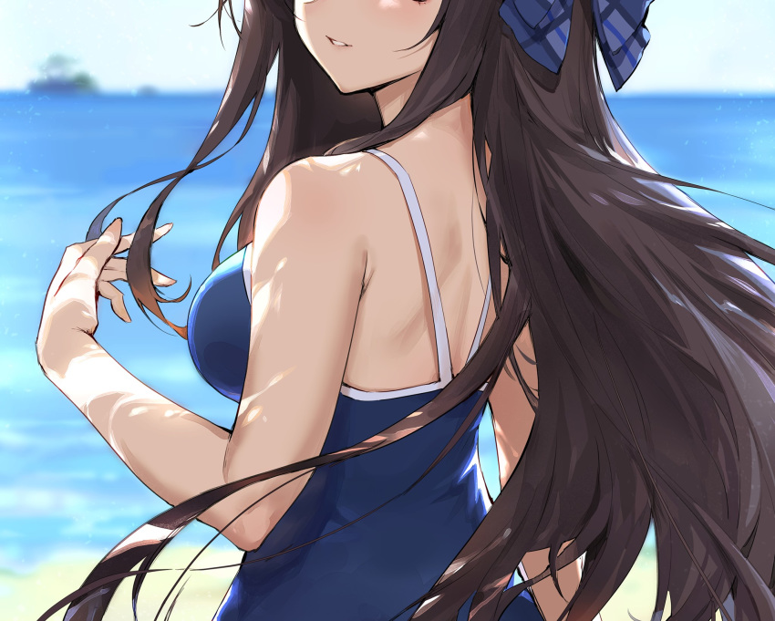 1girl beach blue_swimsuit blurry blurry_background breasts brown_hair competition_school_swimsuit day depth_of_field haoni head_out_of_frame highres horizon long_hair medium_breasts one-piece_swimsuit original parted_lips sidelocks solo swimsuit upper_body