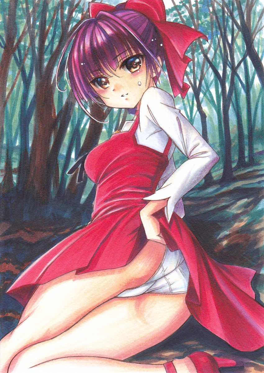 ass bow brown_eyes dress forest gegege_no_kitarou graphite_(medium) hair_bow highres lifted_by_self looking_at_viewer marker_(medium) mechanical_pencil nature nekomusume nekomusume_(gegege_no_kitarou_6) outdoors panties pencil purple_hair red_bow red_dress red_footwear shirt short_hair tomoeri traditional_media underwear white_panties white_shirt