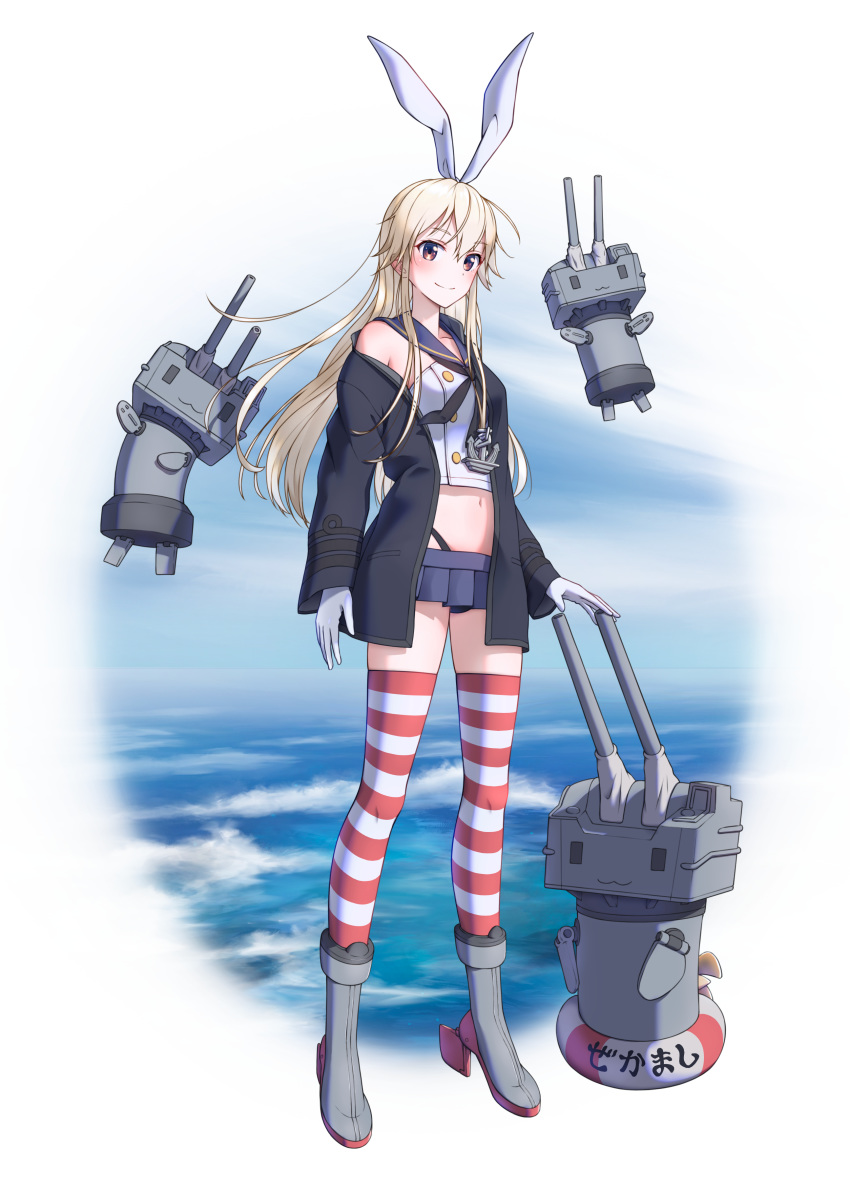 1girl absurdres black_neckwear black_panties blonde_hair blue_sailor_collar blue_skirt blush brown_eyes crop_top gloves hair_between_eyes highleg highleg_panties highres kantai_collection long_hair long_sleeves microskirt midriff navel neckerchief ocean panties pleated_skirt rankebu rensouhou-chan revision sailor_collar school_uniform serafuku shimakaze_(kantai_collection) skirt smile solo striped striped_legwear thigh-highs underwear white_gloves