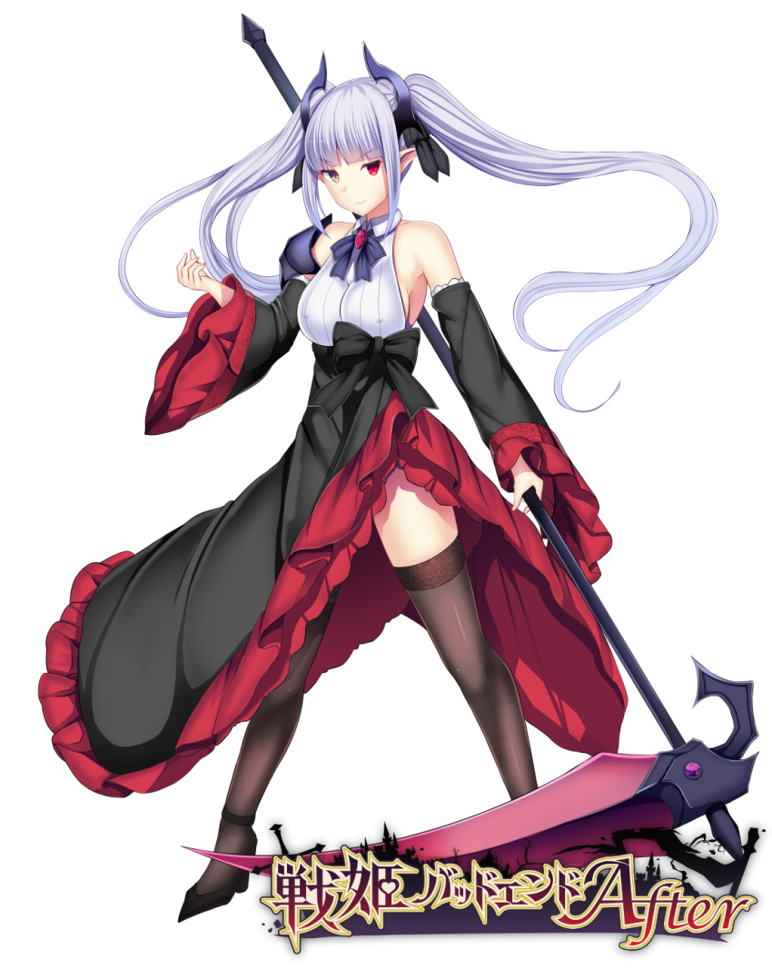 1girl bangs black_legwear breasts daiaru detached_sleeves dress eyebrows_visible_through_hair full_body glowing grey_hair heterochromia highres holding holding_scythe holding_weapon horns legs_apart long_hair looking_at_viewer medium_breasts original pointy_ears scythe shoulder_armor solo thigh-highs twintails weapon white_background