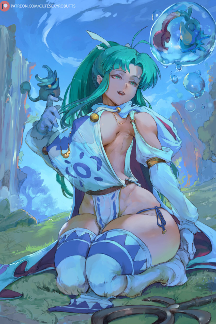 1girl boots breasts bubble character_request cutesexyrobutts elbow_gloves gloves golden_sun green_eyes green_hair highres large_breasts mary_(golden_sun) nintendo seiza sideboob sitting smile solo staff thigh-highs thigh_boots white_footwear white_gloves