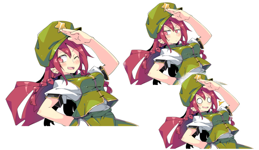 1girl blank_eyes blush braid breasts commentary_request cropped_legs green_headwear green_skirt green_vest hong_meiling long_hair looking_at_viewer medium_breasts multiple_views noya_makoto one_eye_closed open_mouth red_eyes redhead shirt short_sleeves simple_background skirt smile star_(symbol) sweatdrop touhou upper_body vest white_background white_shirt