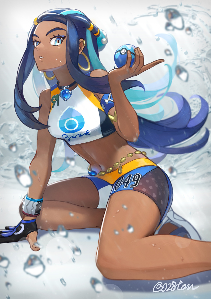 1girl armlet belly_chain black_hair blue_eyes breasts commentary_request dark_skin dive_ball dynamax_band earrings eyelashes gloves gym_leader hair_bun hand_up highres holding holding_poke_ball hoop_earrings jewelry long_hair looking_at_viewer makeup multicolored_hair navel necklace otton parted_lips poke_ball pokemon pokemon_(game) pokemon_swsh rurina_(pokemon) sandals signature single_glove sitting solo swimsuit tankini teeth two-tone_hair water wristband yokozuwari