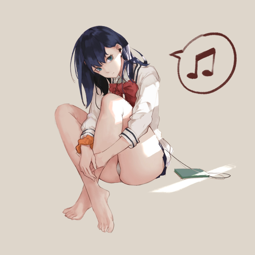 1girl bangs bare_legs black_hair black_skirt blue_eyes bow bowtie cardigan collared_shirt earphones earphones fushe highres long_hair long_sleeves looking_at_viewer microskirt orange_scrunchie pleated_skirt red_bow red_neckwear school_uniform scrunchie shirt skirt ssss.gridman straight_hair sweater takarada_rikka thighs uniform white_cardigan white_shirt white_sweater wrist_scrunchie