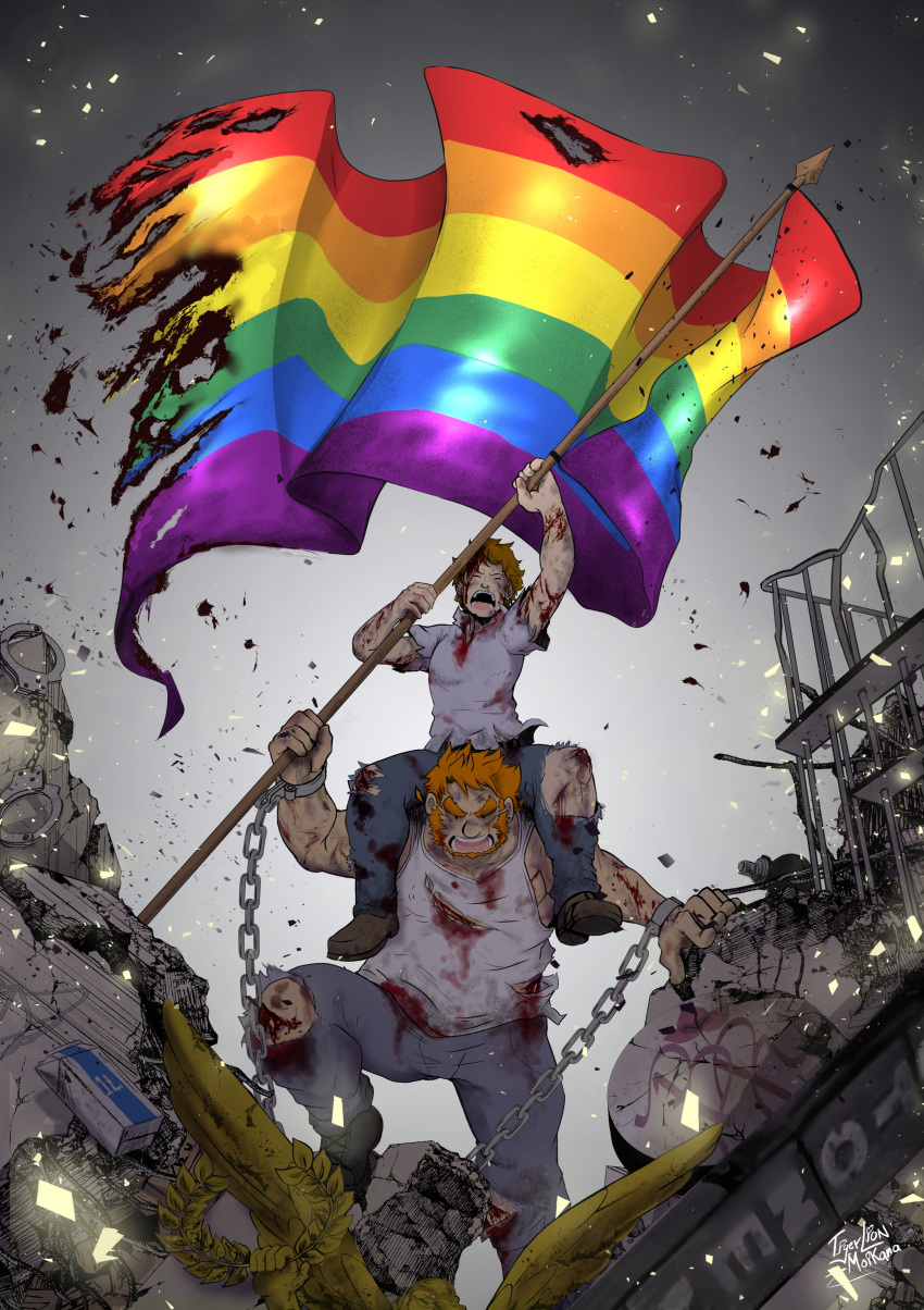 2boys absurdres artist_name bara beard black_eyes blood blood_on_face blood_stain bloody_clothes bound bound_wrists bruise carrying chain chest closed_eyes cuffs facial_hair flag full_body handcuffs highres holding holding_flag injury laurel_crown lgbt_pride light_particles looking_at_viewer male_focus manly milk multiple_boys muscle on_shoulder open_mouth orange_hair original pants pollution prison_cell rainbow_flag rock short_sleeves shouting statue tank_top tigerlion_art torn_clothes torn_flag torn_legwear
