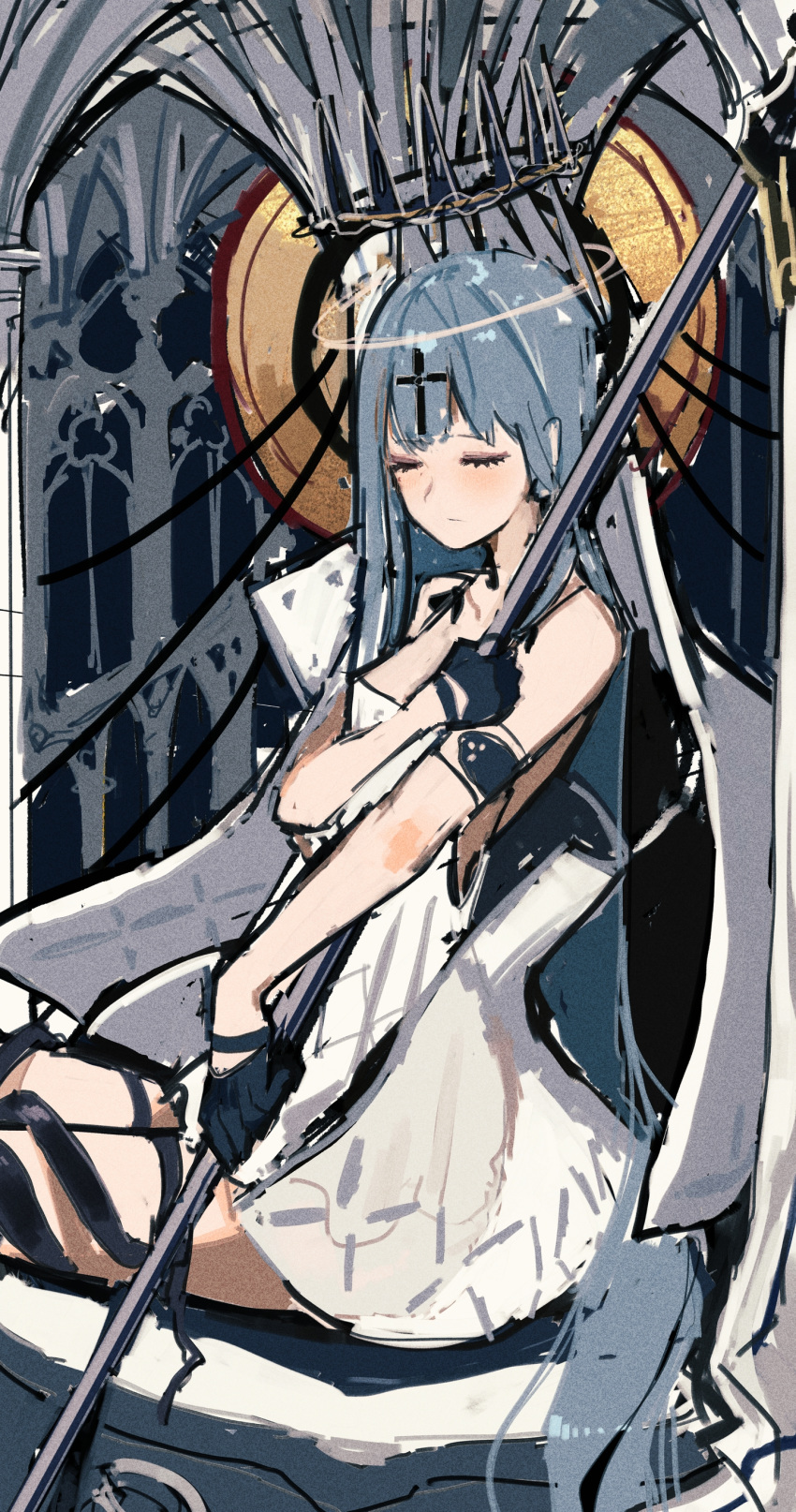 1girl absurdres akitaka_takaaki azur_lane bangs black_gloves blue_hair blush breasts champagne_(azur_lane) closed_eyes closed_mouth cross_hair_ornament crown dress gloves hair_ornament half_gloves highres holding long_hair sitting sketch sleeveless sleeveless_dress small_breasts solo white_dress