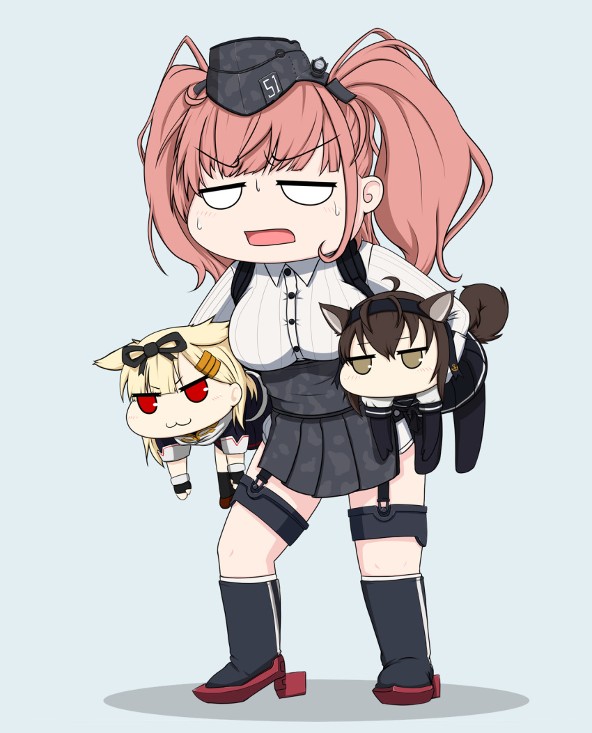 3girls :3 animal_ears atlanta_(kantai_collection) bangs black_gloves black_skirt blonde_hair blue_background breasts brown_eyes brown_hair carrying dog_ears dog_tail eyebrows_visible_through_hair fingerless_gloves garrison_cap garter_straps gloves hachimaki hair_ornament hair_ribbon hairclip hat hatsuzuki_(kantai_collection) headband highres kantai_collection large_breasts long_hair multiple_girls no_mouth open_mouth red_eyes ribbon simple_background skirt standing suspender_skirt suspenders sweat tail two_side_up yakuto007 yuudachi_(kantai_collection)