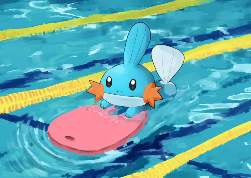 afloat closed_mouth commentary_request gen_3_pokemon kickboard lane_line mudkip no_humans pokemon pokemon_(creature) pool ripples sawasamesuke solo splashing swimming water