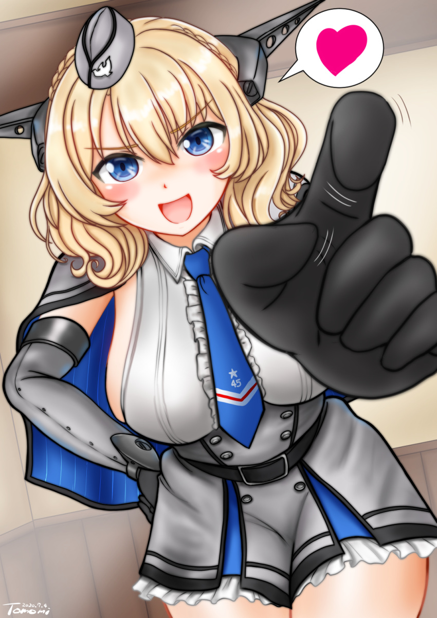 1girl artist_name black_gloves blonde_hair blue_eyes blue_neckwear breasts capelet colorado_(kantai_collection) commentary_request cowboy_shot dated dress elbow_gloves foreshortening garrison_cap gloves grey_dress grey_headwear hand_on_hip hat headgear heart highres kantai_collection large_breasts looking_at_viewer pleated_dress shirt short_hair side_braids sideboob sleeveless solo spoken_heart uratomomin white_shirt