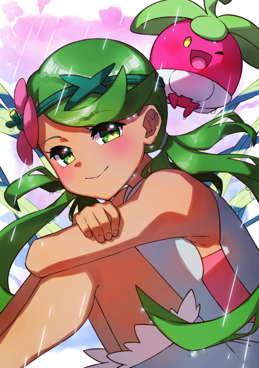 1girl absurdres bangs blush bounsweet commentary_request dark_skin eyebrows_visible_through_hair fingernails flower gen_7_pokemon green_eyes green_hair hair_flower hair_ornament hair_tie highres long_hair looking_at_viewer looking_to_the_side mallow_(pokemon) pokemon pokemon_(anime) pokemon_(creature) pokemon_sm_(anime) rain shiny shiny_hair smile swept_bangs taisa_(lovemokunae) tied_hair twintails water wet