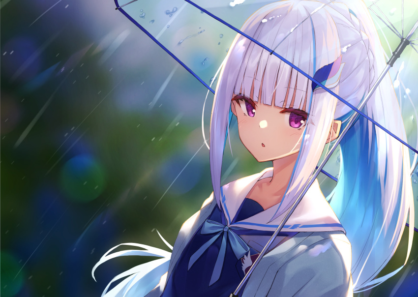 1girl :o bangs blue_bow blue_hair blue_jacket blue_shirt blunt_bangs blurry blurry_background bow commentary_request day depth_of_field eyebrows_visible_through_hair hair_ornament highres jacket lize_helesta long_hair multicolored_hair nijisanji open_clothes open_jacket outdoors parted_lips ponytail rain sailor_collar school_uniform serafuku shirt silver_hair solo transparent transparent_umbrella two-tone_hair umbrella upper_body violet_eyes virtual_youtuber white_sailor_collar yuuki_nao_(pixiv10696483)