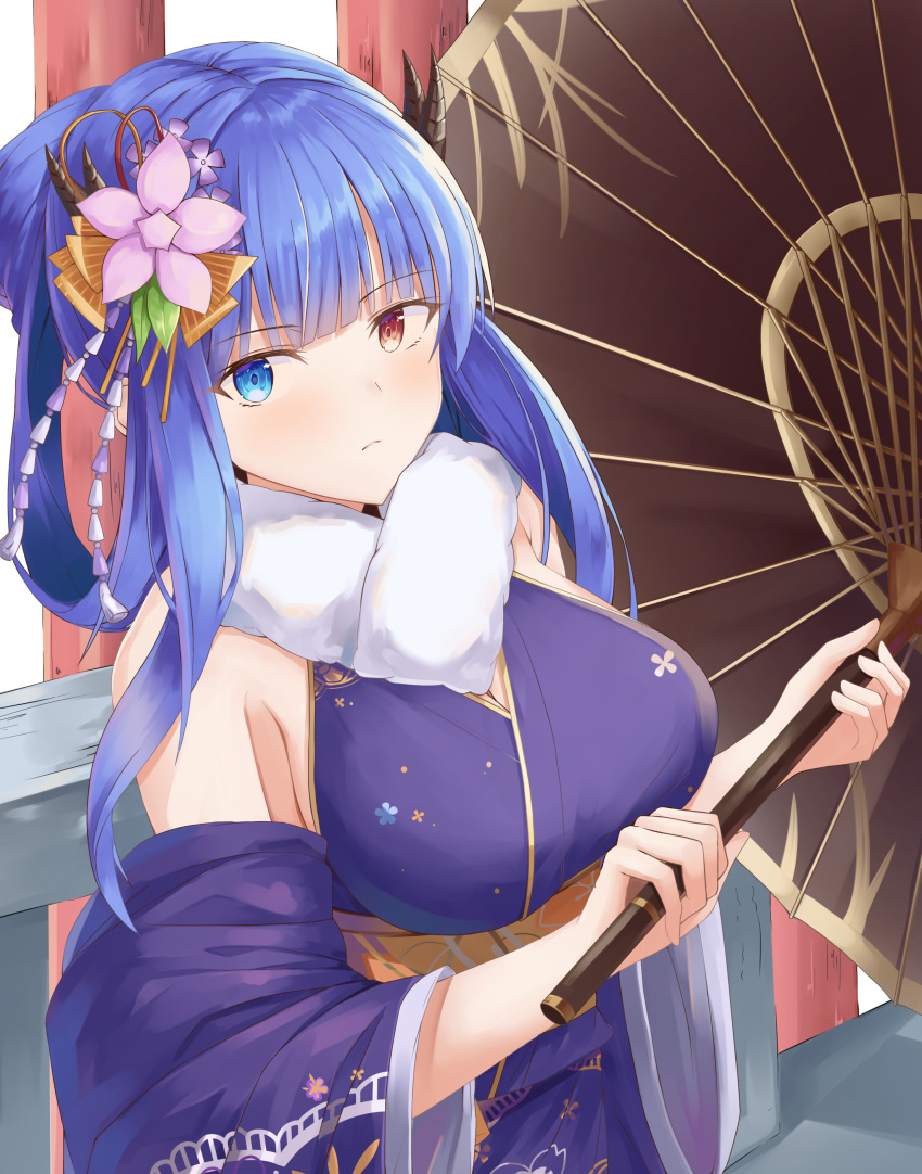 1girl absurdres alternate_costume azur_lane bangs bare_shoulders blue_eyes blue_hair blue_kimono blush breasts commentary_request eyebrows_visible_through_hair hair_ornament heterochromia highres holding horns ibuki_(azur_lane) ibuki_(winter_sylph's_reverie)_(azur_lane) japanese_clothes kimono large_breasts long_hair looking_at_viewer motoq red_eyes sash sidelocks solo umbrella wide_sleeves