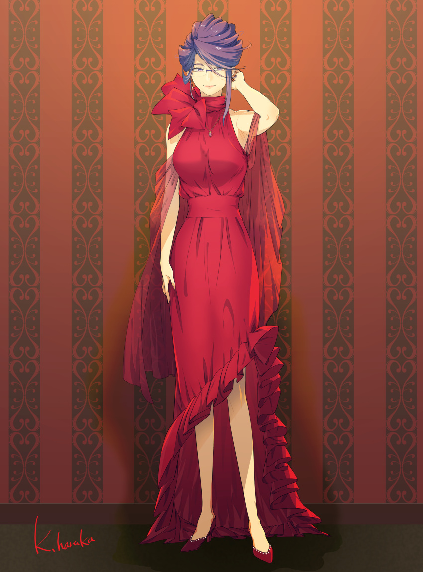 1girl absurdres alternate_costume alternate_hair_length alternate_hairstyle artist_name bangs breasts commentary_request dress full_body glasses hand_in_hair highres indoors kamishiro_rize kazamidori_haruka large_breasts long_dress looking_at_viewer purple_hair red_dress red_eyes red_footwear see-through_dress shoes short_hair sleeveless sleeveless_dress smile solo tokyo_ghoul