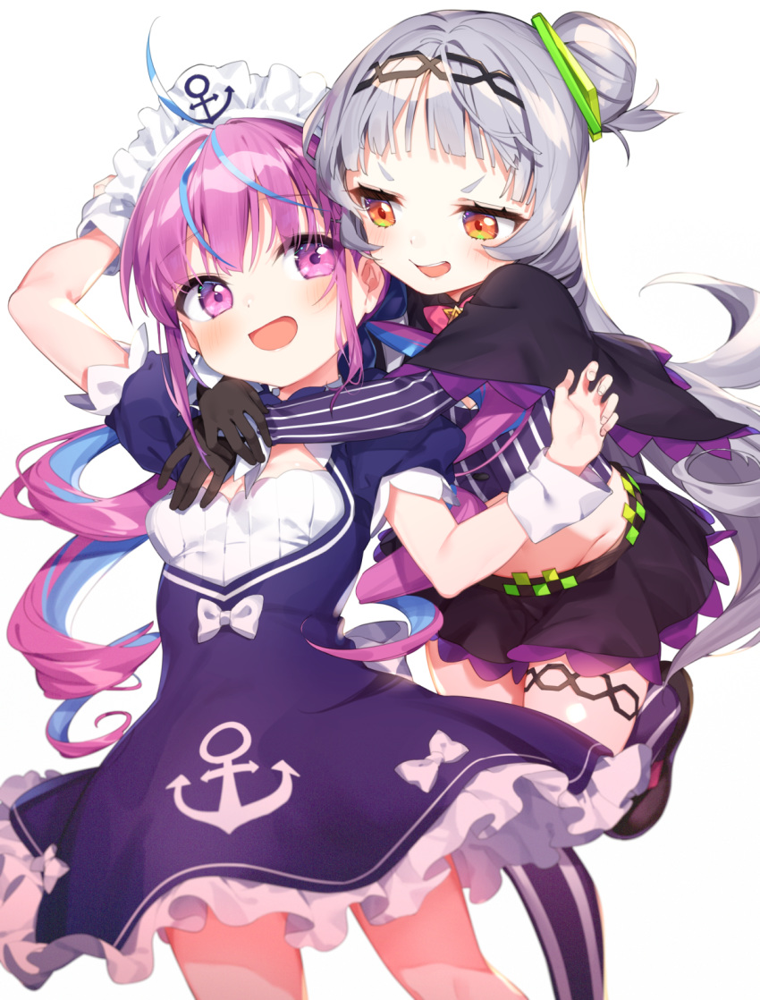 2girls :d ahoge anchor anchor_symbol arm_up bangs black_footwear black_gloves black_hairband black_skirt blue_dress blue_hair blush bow brown_eyes commentary_request dress eyebrows_visible_through_hair frilled_dress frills gloves grey_hair groin hair_bun hair_ornament hairband highres hololive hug hug_from_behind long_hair long_sleeves maid_headdress minato_aqua multicolored_hair multiple_girls murasaki_shion no_hat no_headwear open_mouth pink_bow puffy_short_sleeves puffy_sleeves purple_hair purple_legwear purple_shirt shirt shoes short_sleeves side_bun simple_background skirt smile standing standing_on_one_leg striped striped_legwear striped_shirt thigh-highs tousaki_shiina twintails two-tone_hair v-shaped_eyebrows vertical-striped_legwear vertical-striped_shirt vertical_stripes very_long_hair violet_eyes virtual_youtuber white_background white_bow wrist_cuffs
