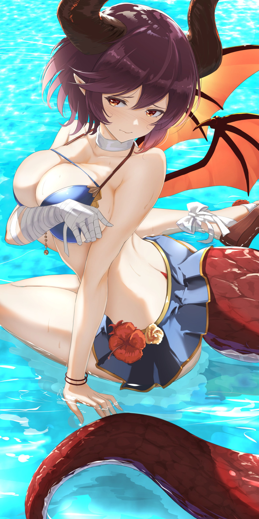 1girl absurdres aiu_eo bikini blush breasts dragon_girl dragon_horns dragon_tail dragon_wings grea_(shingeki_no_bahamut) highres horns large_breasts looking_at_viewer manaria_friends pointy_ears purple_hair red_eyes shingeki_no_bahamut short_hair sitting skirt solo swimsuit tail water wings