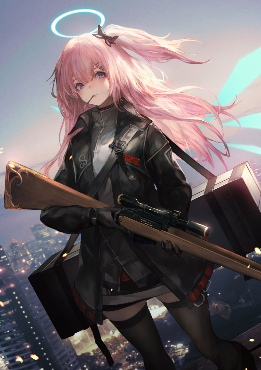 1girl absurdres ambriel_(arknights) arknights black_choker black_gloves black_jacket black_legwear bolt_action case choker cityscape day dutch_angle food gloves grey_shirt gun hair_ornament hairclip halo highres holding holding_gun holding_weapon jacket lee-enfield long_hair long_sleeves looking_away miniskirt mouth_hold one_side_up open_clothes open_jacket outdoors pink_hair pocky rifle rooftop scope shirataki_jiro shirt skirt sniper_rifle solo standing strap thigh-highs violet_eyes weapon wings zettai_ryouiki