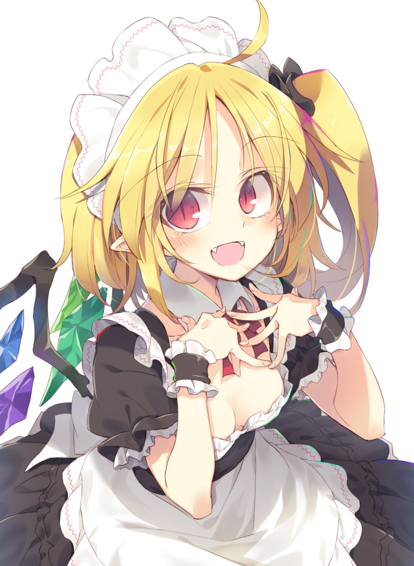 1girl ahoge alternate_costume apron black_dress black_scrunchie blonde_hair breasts detached_collar downblouse dress enmaided fangs flandre_scarlet hair_ornament hair_scrunchie highres long_hair looking_at_viewer maid maid_headdress open_mouth pointy_ears puffy_short_sleeves puffy_sleeves red_eyes red_neckwear satou_kibi scrunchie short_sleeves side_ponytail simple_background slit_pupils small_breasts smile solo touhou waist_apron white_background wings wrist_cuffs