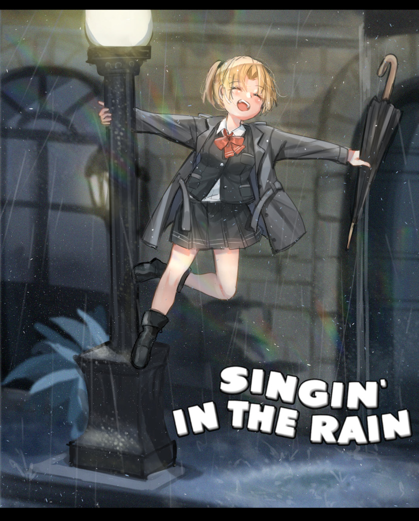 1girl bangs black_footwear black_jacket black_skirt black_vest blonde_hair blush bow bowtie closed_eyes closed_umbrella english_commentary eyebrows_visible_through_hair highres holding holding_umbrella jacket kantai_collection lamppost long_sleeves maikaze_(kantai_collection) night open_mouth outdoors parody pleated_skirt rain red_neckwear sagor942014 singin'_in_the_rain skirt solo umbrella vest window