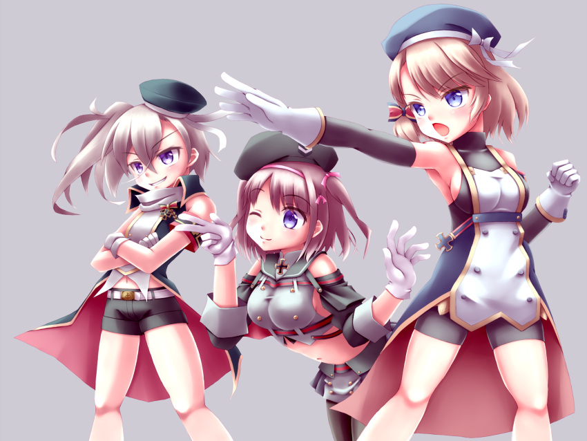 3girls ;) arm_warmers armband asymmetrical_hair azur_lane bangs bare_shoulders bare_thighs beret black_headwear black_sailor_collar black_shorts black_skirt blush bodysuit_under_clothes bow breasts brown_hair buttons clenched_hand collared_shirt commentary_request covered_collarbone cowboy_shot crop_top crossed_arms crossed_bangs eyebrows_visible_through_hair gloves grapefruit_spoon grey_background hair_between_eyes hair_bow hair_ornament hair_ribbon hairband hat highres iron_cross leaning_forward light_brown_hair looking_to_the_side medium_breasts medium_hair midriff multiple_girls navel one_eye_closed one_side_up open_mouth outstretched_arm pantyhose pink_hairband pink_ribbon ribbon sailor_collar shirt short_hair short_shorts shorts shoulder_cutout sideboob sidelocks silver_hair simple_background skirt sleeveless small_breasts smile smirk standing striped striped_bow taut_clothes two_side_up v violet_eyes waistcoat white_gloves z1_leberecht_maass_(azur_lane) z23_(azur_lane) z35_(azur_lane)