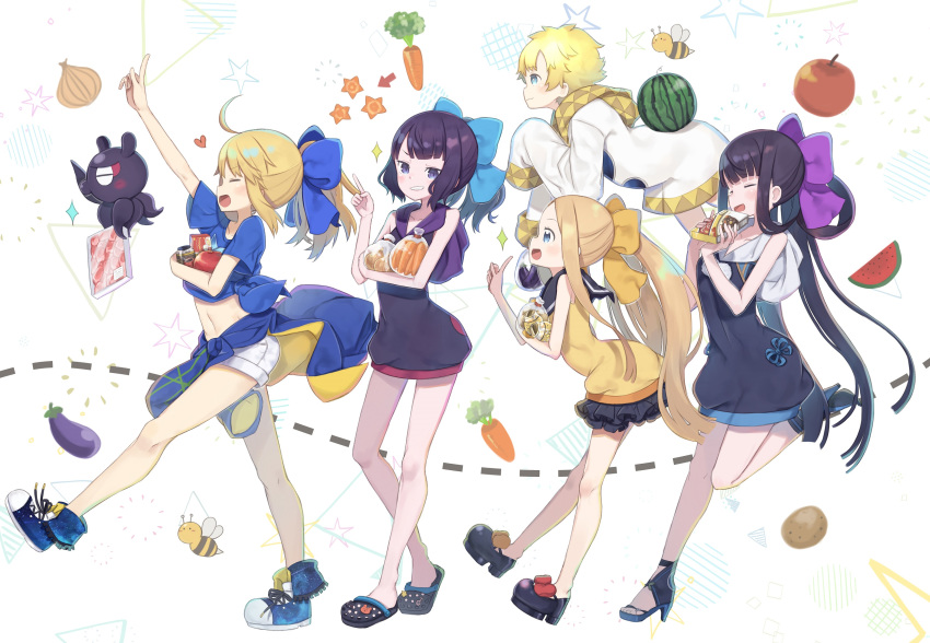 1boy 4girls abigail_williams_(fate/grand_order) absurdres arm_up arrow_(symbol) artoria_pendragon_(all) bag bangs bare_arms bare_shoulders bee black_dress black_skirt blonde_hair blue_bow blue_eyes blush bow box brown_bow bug carrot closed_eyes closed_mouth commentary_request dress eggplant eyebrows_visible_through_hair fate/grand_order fate/requiem fate_(series) food fruit grin hair_bow hair_rings hand_up hands_up heart highres holding holding_box hood hood_down hooded_dress index_finger_raised insect katsushika_hokusai_(fate/grand_order) layered_skirt light_brown_hair long_hair long_sleeves meat multiple_girls mysterious_heroine_xx_(foreigner) onion parted_bangs plastic_bag pleated_skirt ponytail potato profile purple_bow purple_hair shirt sidelocks skirt sleeveless sleeveless_dress sleeveless_shirt sleeves_past_fingers sleeves_past_wrists smile sparkle tokitarou_(fate/grand_order) tomato totatokeke v very_long_hair violet_eyes voyager_(fate/requiem) watermelon yang_guifei_(fate/grand_order) yellow_shirt