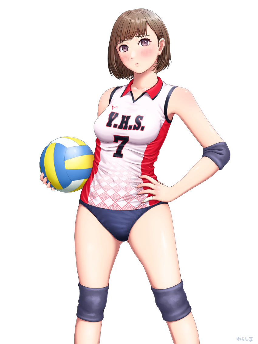 1girl ball blush brown_eyes buruma covered_navel elbow_pads hand_on_hip highres holding holding_ball knee_pads looking_at_viewer original short_hair simple_background solo sportswear standing violet_eyes volleyball white_background yurashima