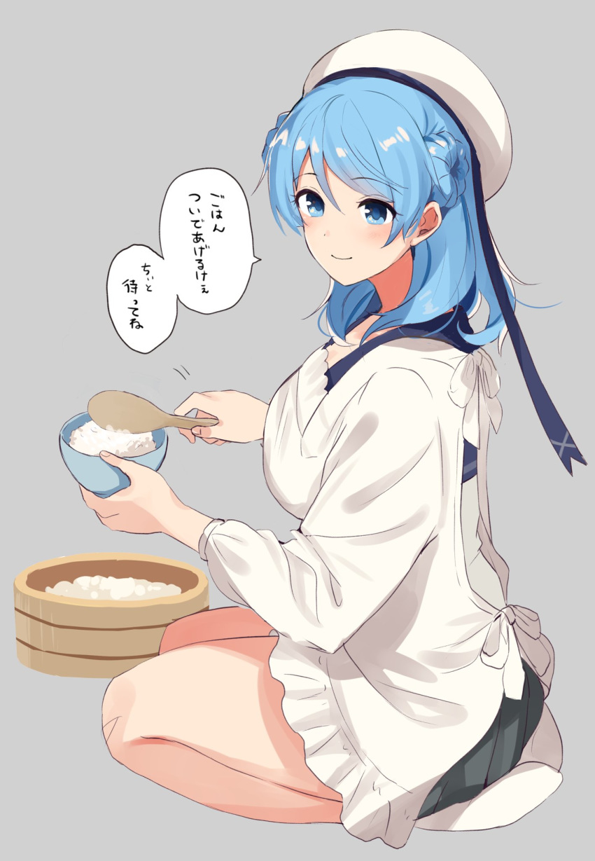 1girl basin blue_eyes blue_hair bowl commentary_request double_bun grey_background grey_skirt hat highres kantai_collection kappougi pleated_skirt rice rice_bowl sailor_hat seiza senbei_(senbe_i) simple_background sitting skirt smile solo spatula translation_request urakaze_(kantai_collection) white_headwear white_legwear