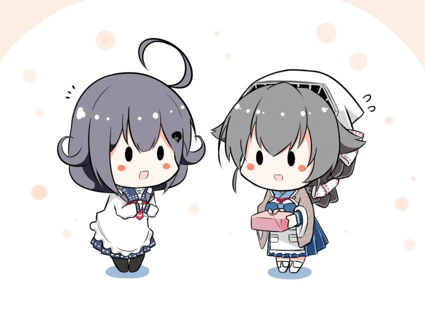 2girls ahoge apron bandana bangs black_hair blue_sailor_collar blush blush_stickers chibi flying_sweatdrops hair_flaps hair_ornament hair_ribbon holding jingei_(kantai_collection) kantai_collection long_hair low_twintails multiple_girls neckerchief obentou open_mouth pia_(botamochinjufu) polka_dot polka_dot_background purple_hair ribbon sailor_collar simple_background taigei_(kantai_collection) twintails two-tone_background whale_hair_ornament white_apron