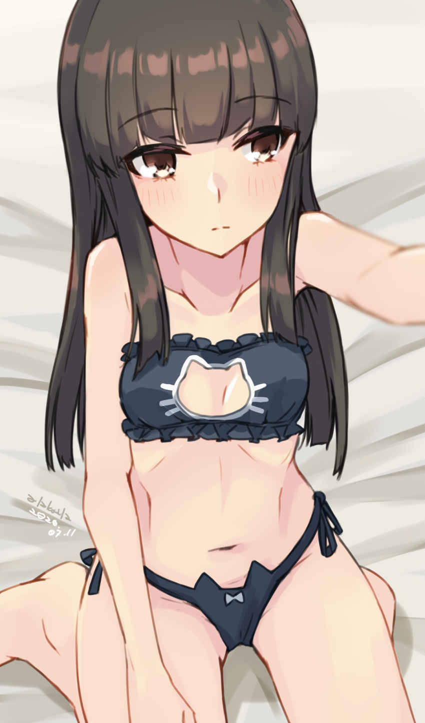 1girl alakoala bangs black_bra black_hair black_panties blunt_bangs bra brown_eyes cat_cutout cat_ear_panties cat_lingerie cleavage_cutout collarbone commentary_request eyebrows_visible_through_hair flat_chest frilled_bra frills hatsuyuki_(kantai_collection) highres hime_cut kantai_collection long_hair looking_to_the_side meme_attire navel panties side-tie_panties sitting solo underwear wariza