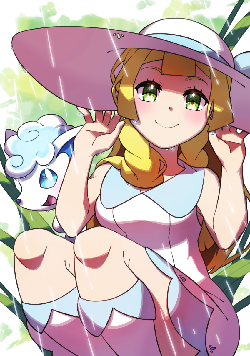 1girl absurdres alolan_form alolan_vulpix bangs blonde_hair blunt_bangs blush braid closed_mouth commentary_request dress eyelashes gen_7_pokemon green_eyes hands_on_headwear hat highres knees lillie_(pokemon) long_hair pokemon pokemon_(anime) pokemon_(creature) pokemon_sm_(anime) rain sleeveless sleeveless_dress smile socks sun_hat taisa_(lovemokunae) twin_braids water white_dress white_headwear white_legwear