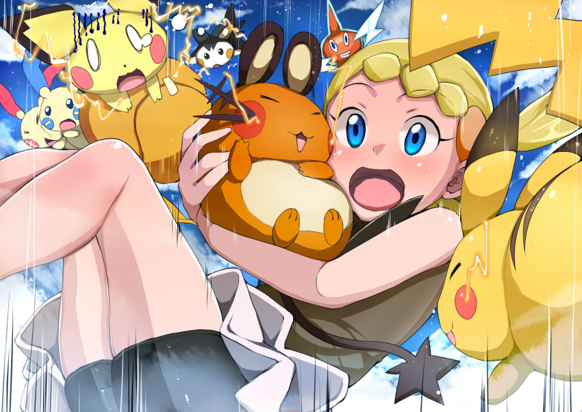 1girl absurdres blonde_hair blue_eyes blush body_blush clouds commentary_request day dedenne emolga eureka_(pokemon) falling feet_out_of_frame gen_1_pokemon gen_2_pokemon gen_3_pokemon gen_4_pokemon gen_5_pokemon gen_6_pokemon giji_eizan hair_ornament highres holding holding_pokemon legs_together minun motion_lines open_mouth outdoors pichu pikachu plusle pokemon pokemon_(anime) pokemon_(creature) pokemon_xy_(anime) rotom shiny shiny_skin sky tongue