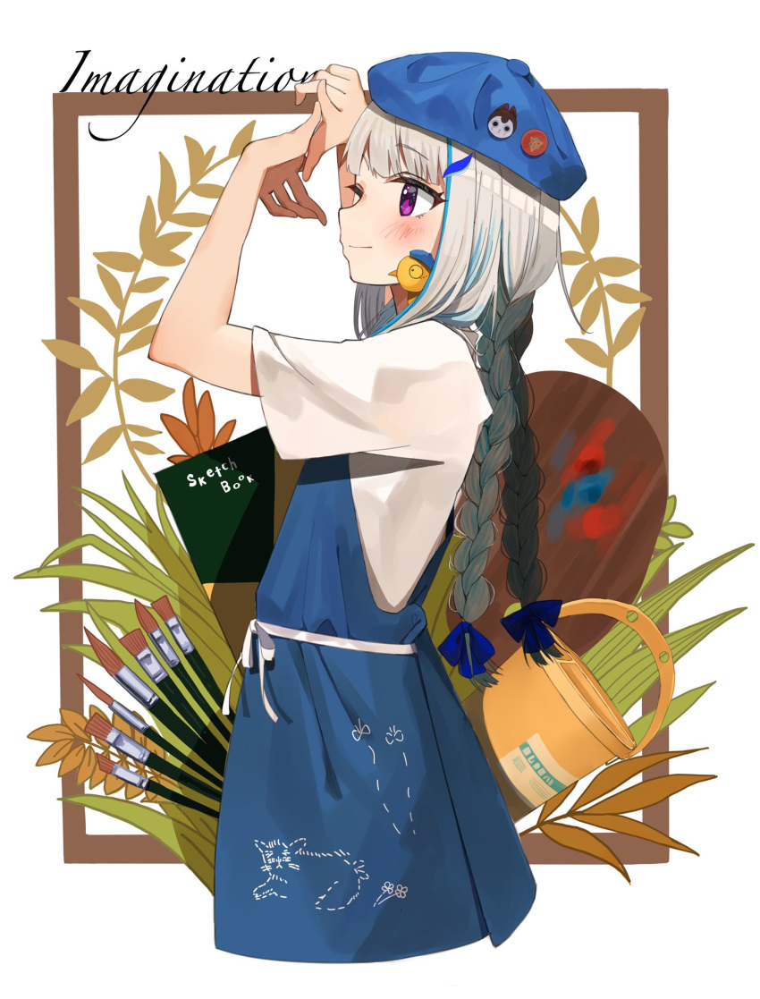 1girl apron beret blue_bow blue_headwear blush border bow braid bug butterfly cat english_text facing_to_the_side gesture grass hair_bow hat highres insect lize_helesta multicolored_hair nijisanji paint_can paintbrush palette pins plant sen_(sennosenn1127) sketchbook solo streaked_hair string_belt twin_braids violet_eyes white_hair
