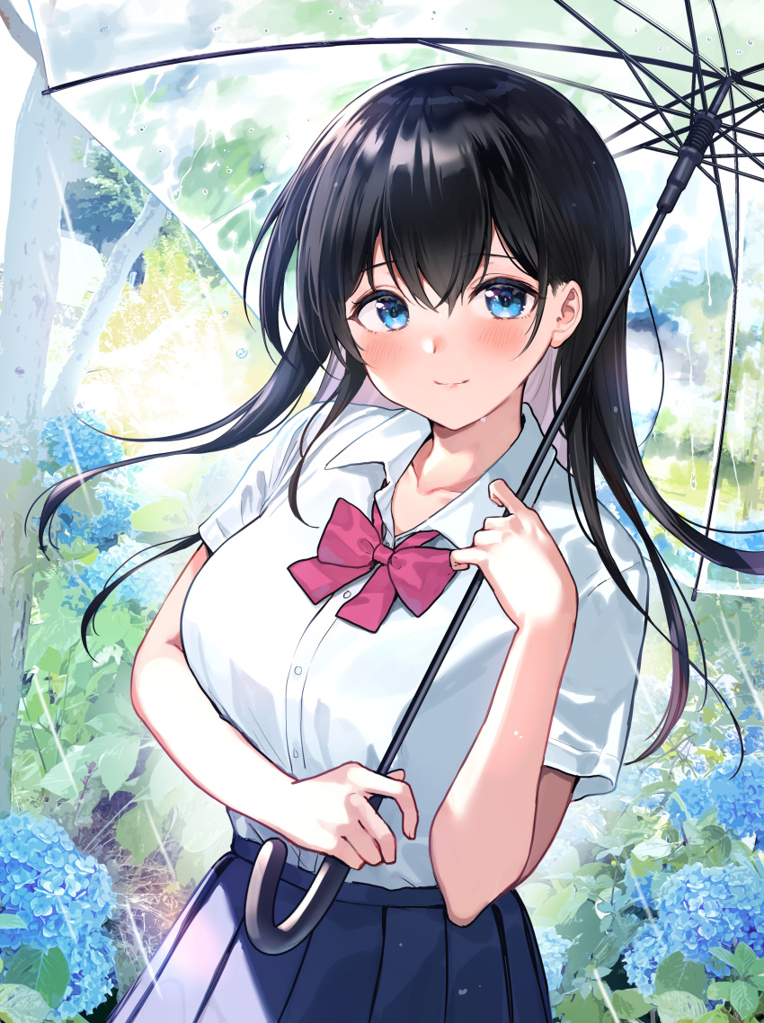 1girl absurdres black_hair blue_eyes blue_flower blue_skirt blush bow bowtie breasts closed_mouth collarbone collared_shirt commentary_request cowboy_shot day flower highres holding holding_umbrella hydrangea long_hair looking_at_viewer medium_breasts nishizawa original outdoors pink_bow pink_neckwear plant pleated_skirt rain school_uniform shirt short_sleeves skirt smile solo tree umbrella white_shirt