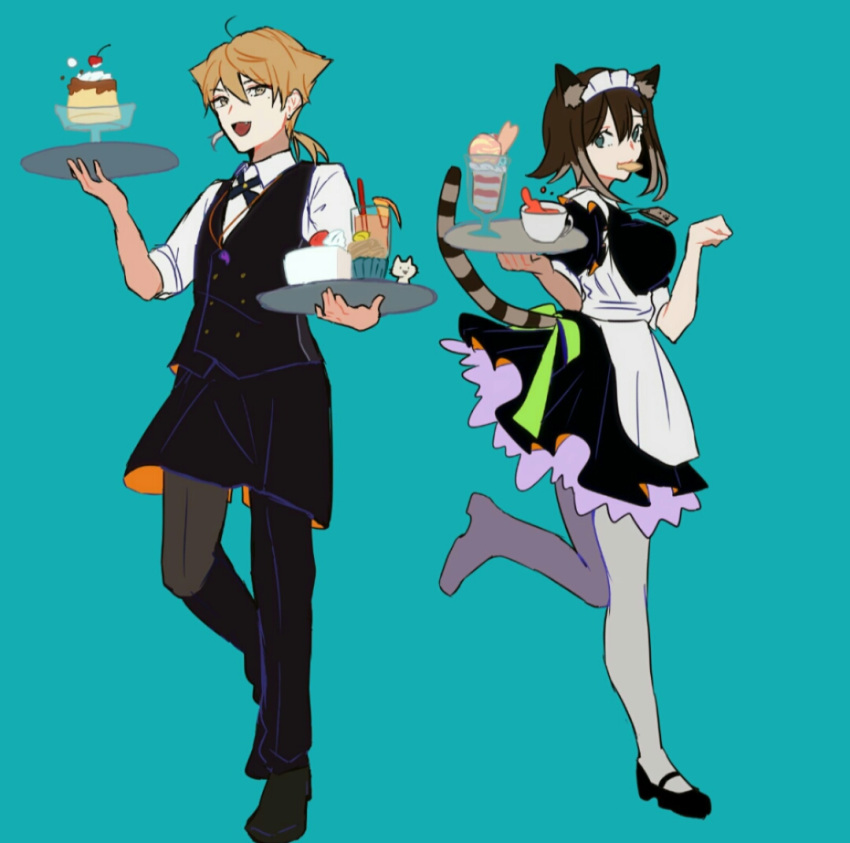 1boy 1girl :d alternate_costume animal_ear_fluff animal_ears apron bangs black_dress black_footwear black_pants black_vest blue_background bow breasts brown_eyes brown_hair cat_ears cat_girl cat_tail collared_shirt cup dress drinking_glass drinking_straw enmaided eyebrows_visible_through_hair fang food food_in_mouth fumino_tamaki fushimi_gaku green_bow green_eyes grey_legwear hair_between_eyes hands_up holding holding_tray maid maid_headdress medium_breasts mole mole_under_eye mouth_hold multicolored_hair nijisanji open_mouth pants pantyhose parfait paw_pose pleated_dress pudding puffy_short_sleeves puffy_sleeves shirt shoes short_sleeves simple_background smile standing standing_on_one_leg striped_tail tail tail_raised tray tsumetsume_zerii two-tone_hair vest virtual_youtuber white_apron white_shirt