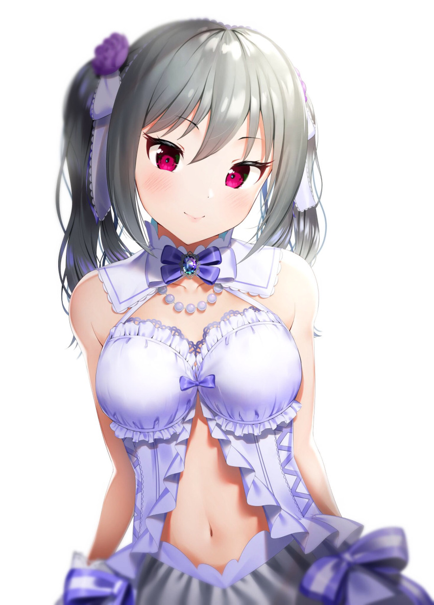 1girl bare_shoulders blush bow bowtie breasts brooch collarbone commentary_request detached_collar dress eyebrows_visible_through_hair flower frilled_dress frills hair_flower hair_ornament hair_ribbon highres idolmaster idolmaster_cinderella_girls idolmaster_cinderella_girls_starlight_stage jewelry kanzaki_ranko long_hair looking_at_viewer medium_breasts navel necklace pearl_necklace red_eyes revealing_clothes ribbon silver_hair simple_background sleeveless sleeveless_dress smile solo striped striped_ribbon tsunenorip twintails white_background