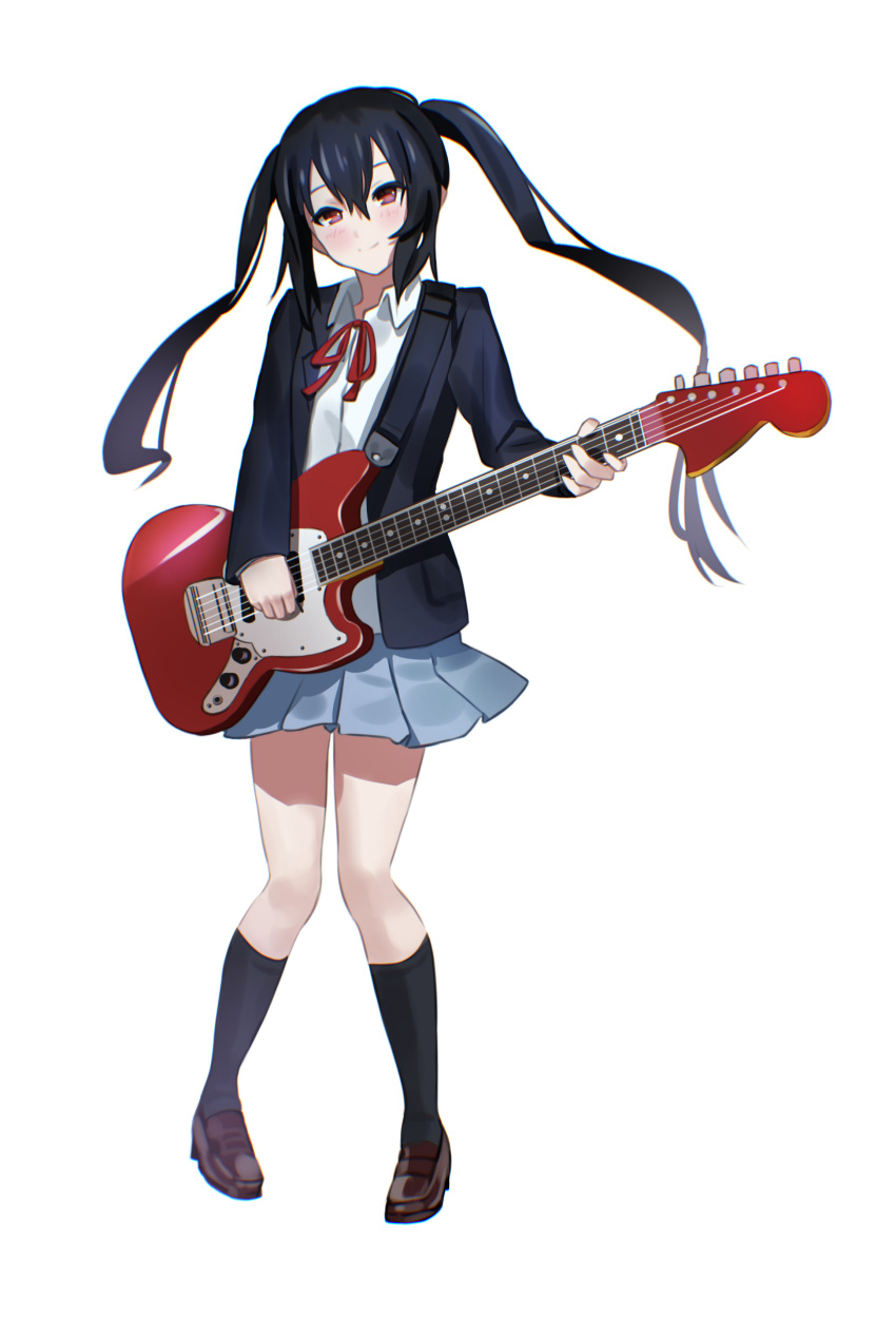 1girl absurdres andoplus bangs black_hair black_jacket black_legwear blue_skirt blush brown_footwear closed_mouth collared_shirt dress_shirt electric_guitar eyebrows_visible_through_hair full_body guitar hair_between_eyes highres instrument jacket k-on! kneehighs loafers long_hair long_sleeves looking_at_viewer miniskirt music nakano_azusa neck_ribbon open_clothes open_jacket playing_instrument pleated_skirt red_eyes red_neckwear red_ribbon ribbon shirt shoes sidelocks simple_background skirt smile solo standing twintails white_background white_shirt