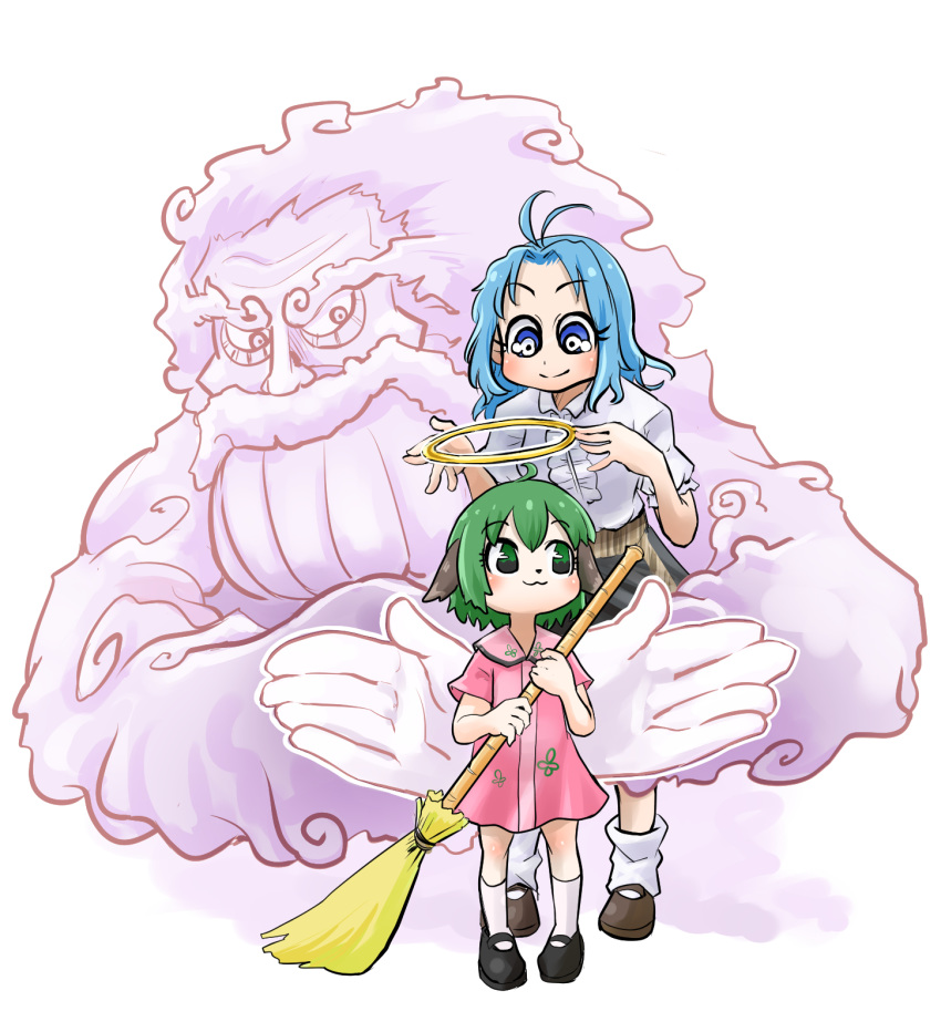 1boy 2girls angel animal_ears bamboo_broom blue_eyes blue_hair broom chamaji dog_ears dress green_hair highres hoop jewelry kasodani_kyouko kumoi_ichirin mary_janes multiple_girls pink_dress ring shoes touhou unzan