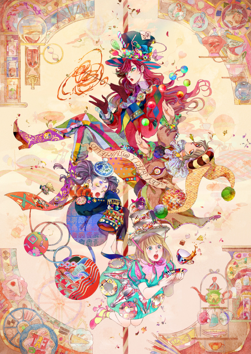 2boys 2girls alcohol alice_(wonderland) alice_in_wonderland bangs beer bird black_legwear blonde_hair blue_footwear blunt_bangs blush boots bug butterfly candy candy_cane closed_mouth collar cup dormouse dress eyebrows_visible_through_hair eyeshadow flower food fork full_body gloves hat high_heel_boots high_heels highres holding insect jacket jester_cap juggling knife lollipop long_hair long_sleeves looking_at_viewer looking_to_the_side mad_hatter makeup march_hare micho midair multicolored multicolored_clothes multiple_boys multiple_girls necktie open_mouth petals pink_footwear pink_ribbon puffy_long_sleeves puffy_short_sleeves puffy_sleeves purple_hair purple_neckwear red_gloves red_jacket redhead ribbon saucer short_hair short_sleeves sleeping sleeves_past_fingers sleeves_past_wrists spoon straight_hair striped sugar_cube sweets swirl_lollipop tassel tea teacup teapot top_hat tulip violet_eyes wavy_hair