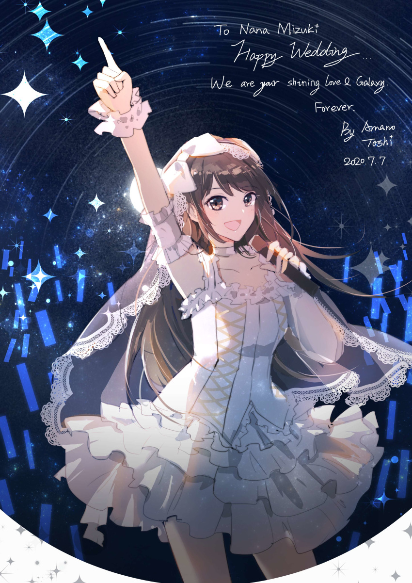 1girl absurdres artist_name bangs bridal_veil bride brown_eyes brown_hair character_name choker collarbone commentary_request dated dress english_text eyebrows frilled_dress frills highres long_hair microphone mizuki_nana pointing pointing_up real_life seiyuu shiny shiny_hair sidelocks sleeveless solo tianye_toshi veil white_dress