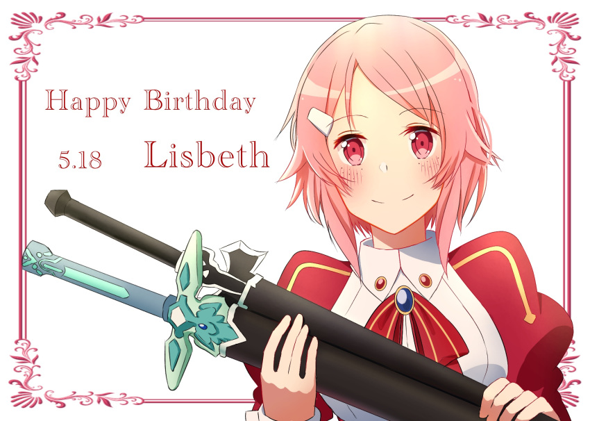 1girl bangs blush character_name closed_mouth dark_repulser elucidator enokimo_me freckles hair_ornament hairclip happy_birthday highres holding holding_sheath lisbeth long_sleeves looking_at_viewer neck_ribbon parted_bangs pink_hair red_eyes red_ribbon ribbon sheath sheathed shiny shiny_hair short_hair smile solo striped striped_ribbon sword sword_art_online upper_body weapon white_background