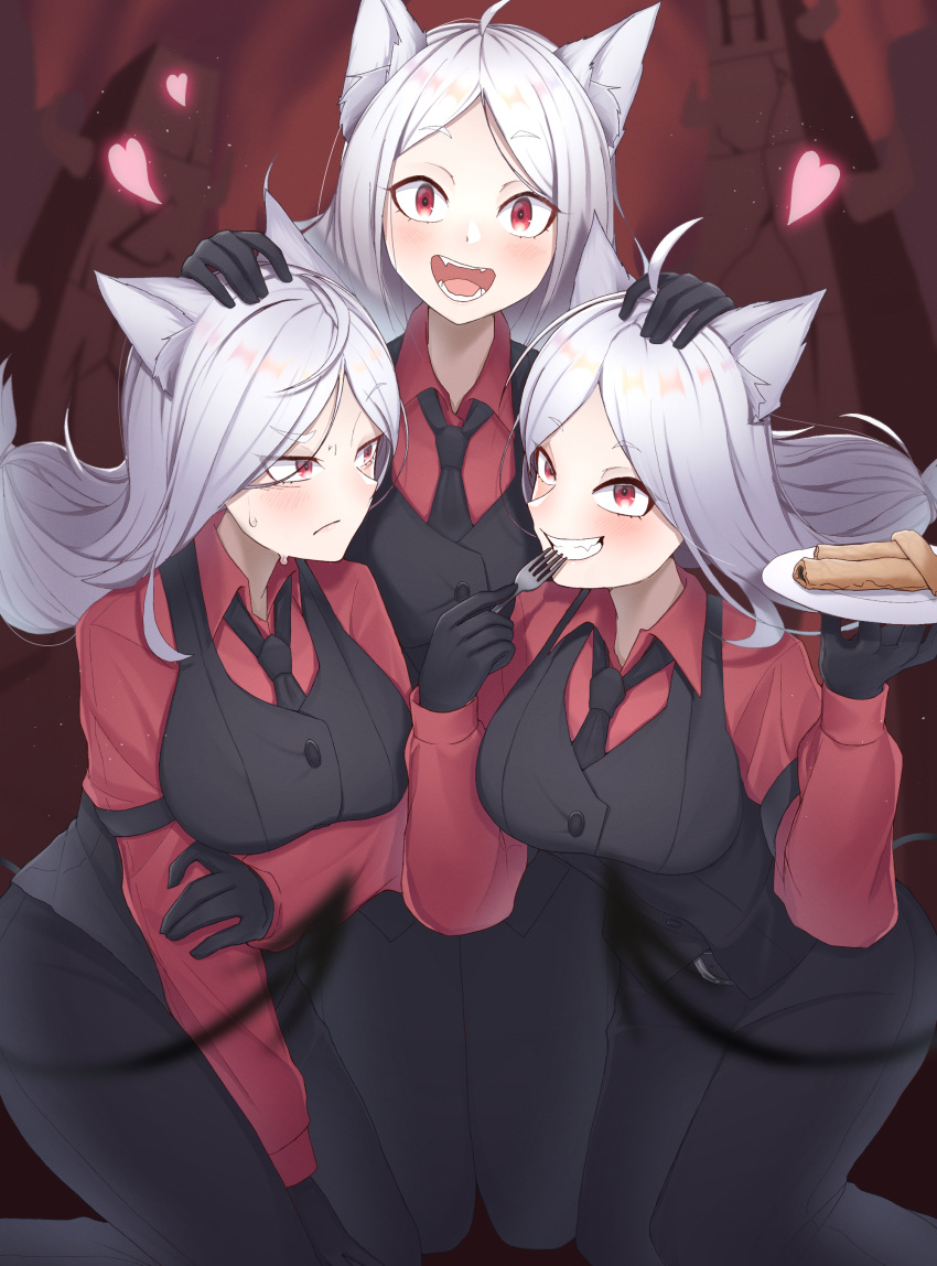 10_(user_cwuu4848) 3girls absurdres ahoge angry animal_ears arm_garter black_gloves black_neckwear breasts cerberus_(helltaker) commentary_request demon_girl demon_tail dog_ears dog_girl eyebrows_visible_through_hair fang fangs food fork frown gloves grin hand_on_another's_head heart helltaker highres holding holding_fork holding_plate large_breasts long_hair looking_at_another looking_at_viewer multiple_girls necktie open_mouth pancake plate red_eyes red_shirt shirt smile tail triplets vest waistcoat white_hair