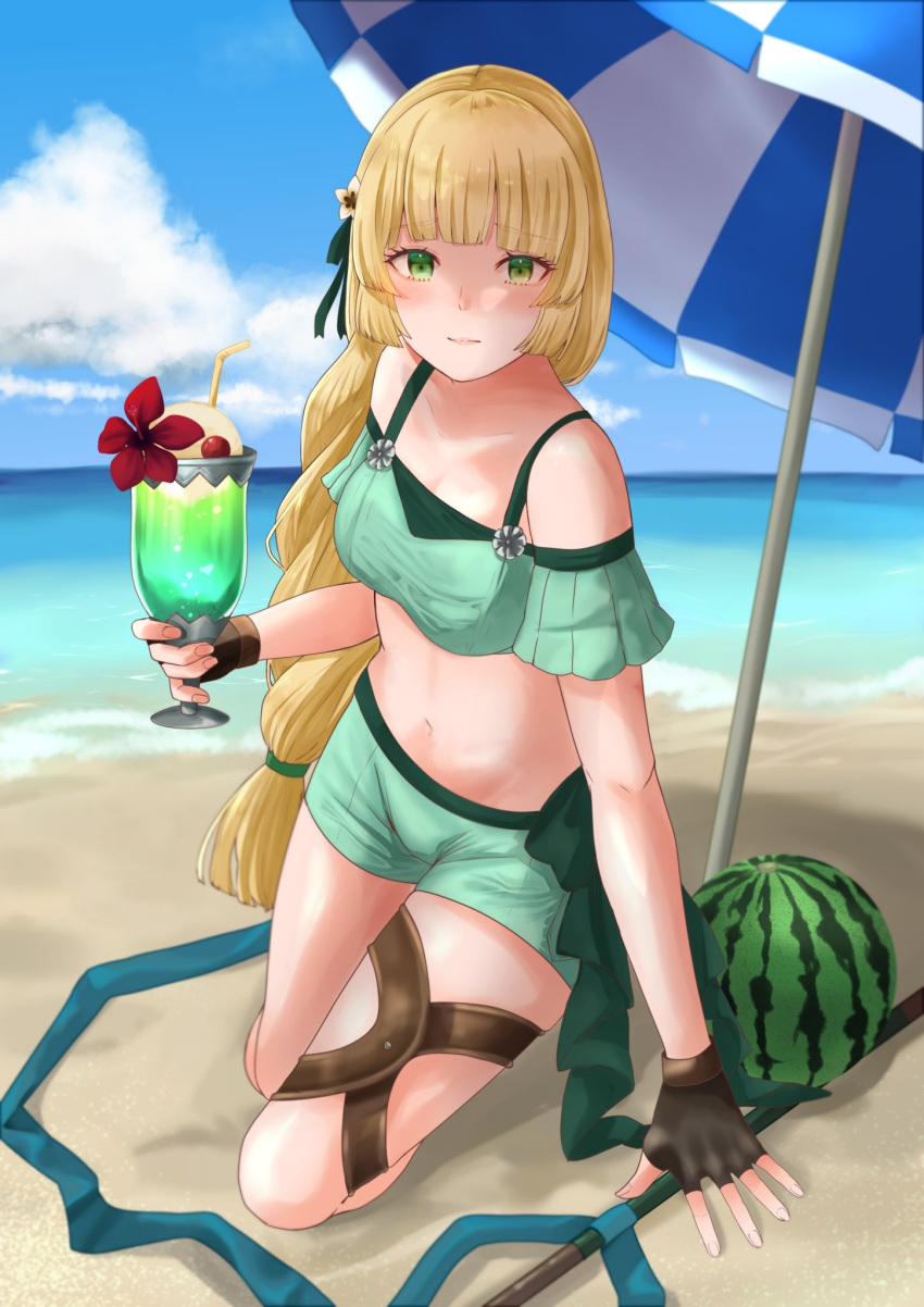 1girl beach beach_umbrella blonde_hair blue_sky brown_gloves closed_mouth clouds cup day drinking_straw fingerless_gloves fire_emblem fire_emblem:_three_houses fire_emblem:_three_houses fire_emblem_16 fire_emblem_heroes flower food fruit glass gloves green_eyes hair_flower hair_ornament highres holding holding_cup ingrid_brandl_galatea intelligent_systems long_hair nintendo outdoors polearm sky solo super_smash_bros. swimsuit tyotto_ko_i umbrella water watermelon weapon