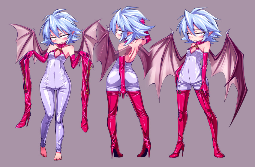 1girl bare_shoulders barefoot bat_wings bodysuit boots elbow_gloves from_behind gloves high_heels highres holding_boots looking_at_viewer multiple_views pillow purple_bodysuit red_footwear remilia_scarlet shimizu_pem short_hair thigh-highs thigh_boots touhou wings zipper